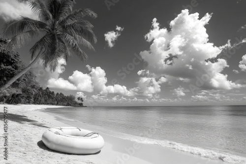 White inflatable raft resting on a sandy beach with palm trees under cloudy sky in tropical location