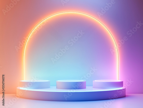 Futuristic podium with glowing neon rainbow arcs. Vivid and minimal sci-fi style.