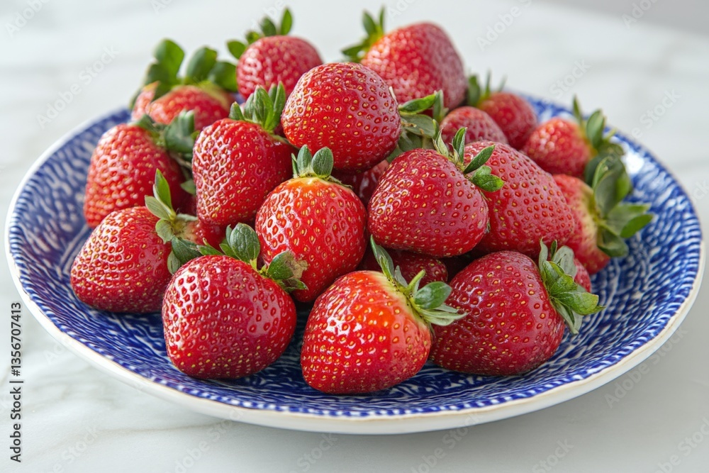 Fresh strawberries arranged beautifully on a blue patterned plate showcasing their vibrant color and freshness in natural light Fresh strawberries arranged beautifully on a blue patterned plate showcasing their vibrant color and freshness in natural light