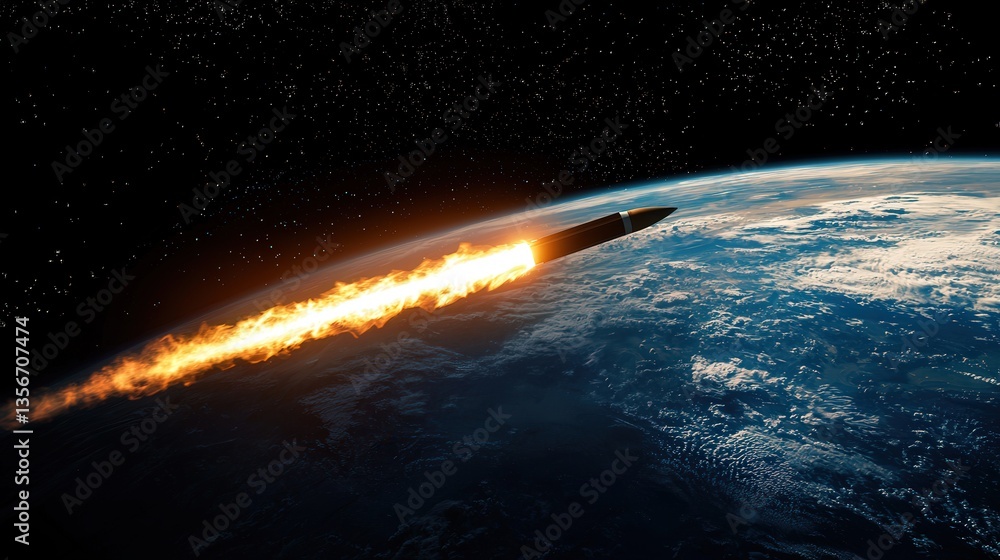 Fototapeta premium Rocket launches into space from Earth with flames and smoke trailing behind