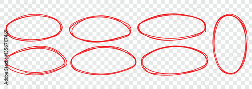 Red circle, pen draw. Highlight hand drawing different circles isolated on background. Bright red scribble ovals and bubbles to circle and highlight text. Hand drawn marker stroke style for marking