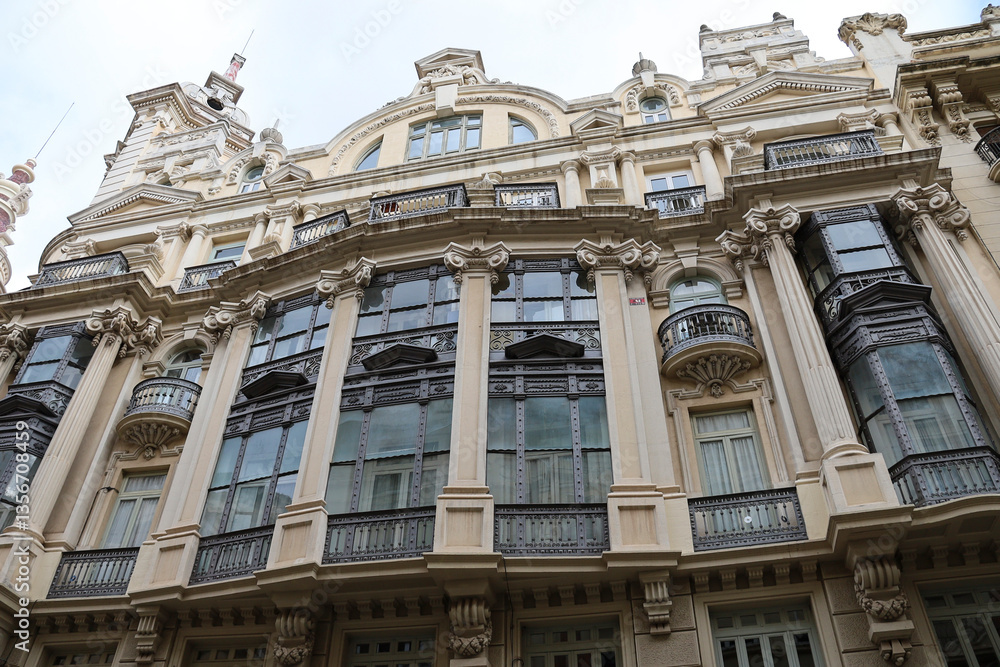 Fototapeta premium Majestic buildings modernist architecture style in the center of town of Albacete city
