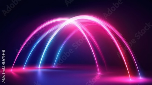 Abstract neon light arch, pink and blue glowing lines, dark background.