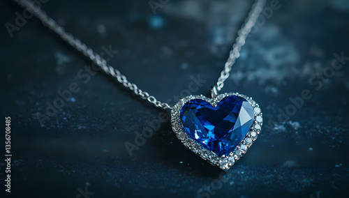 Sapphire Heart Necklace: A stunning necklace with a heart-shaped sapphire pendant, surrounded by sparkling diamonds, elegantly suspended against a deep blue backdrop, epitomizing luxury and sentiment.