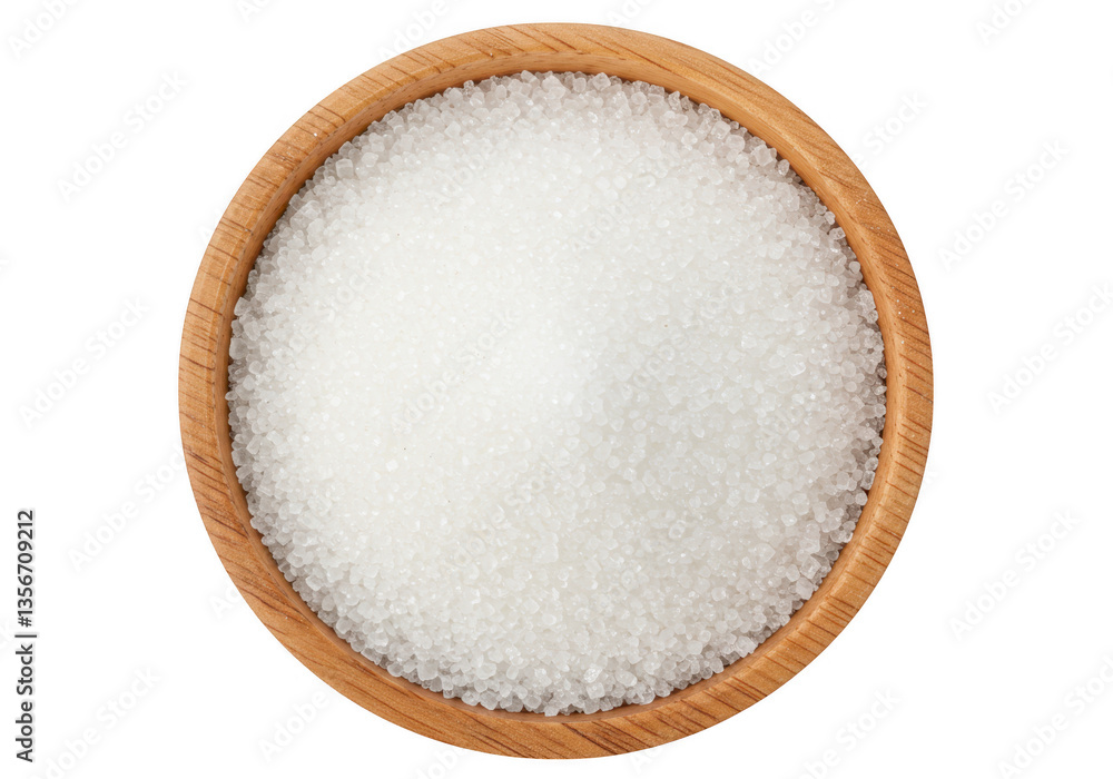 A top view of a round wooden bowl filled with white granulated sugar isolated on transparent background A top view of a round wooden bowl filled with white granulated sugar isolated on transparent background