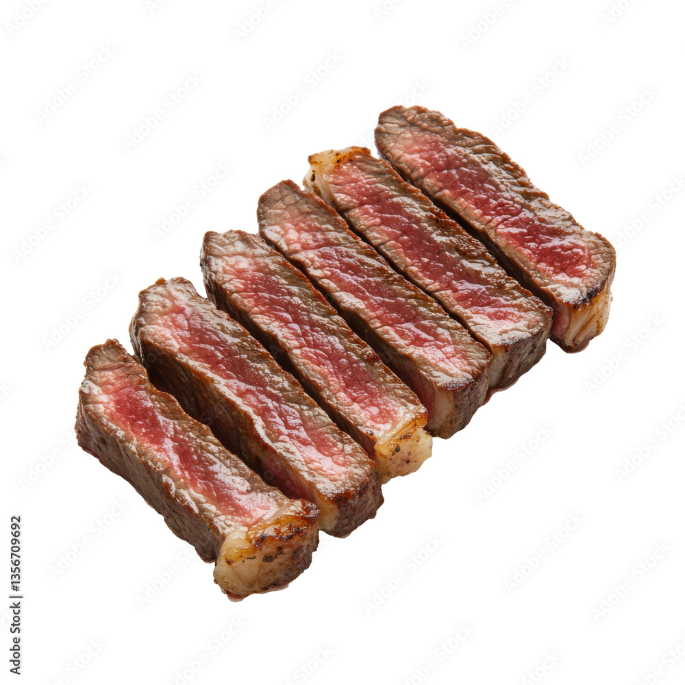 Juicy Sliced New York Strip Steak on White Background Juicy Sliced New York Strip Steak on White Background
