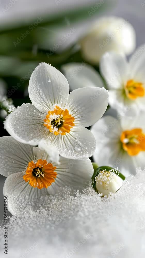 Delicate close spring white narcissus up flowers blooming, glistening with morning dew, heralding springtime renewal and natural elegance video Delicate close spring white narcissus up flowers blooming, glistening with morning dew, heralding springtime renewal and natural elegance video
