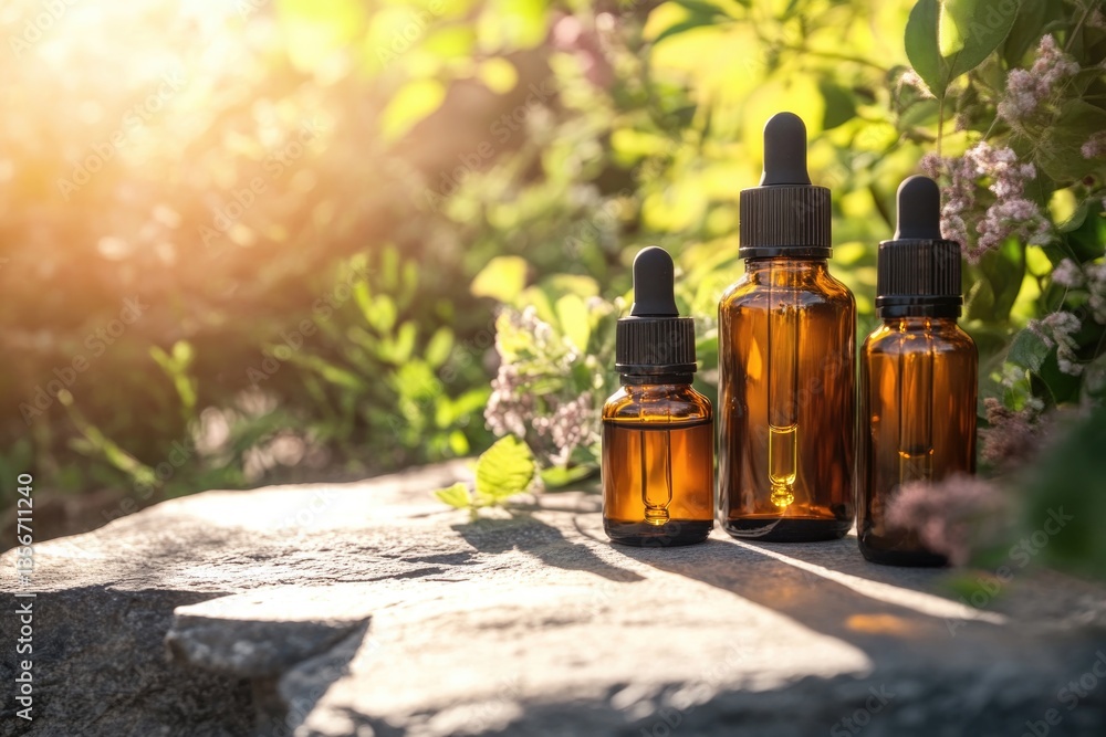Glass bottles with droppers display natural beauty in serene gar Glass bottles with droppers display natural beauty in serene gar