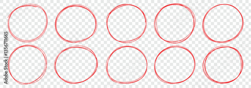 Red circle, pen draw. Highlight hand drawing different circles isolated on background. Bright red scribble ovals and bubbles to circle and highlight text. Hand drawn marker stroke style for marking
