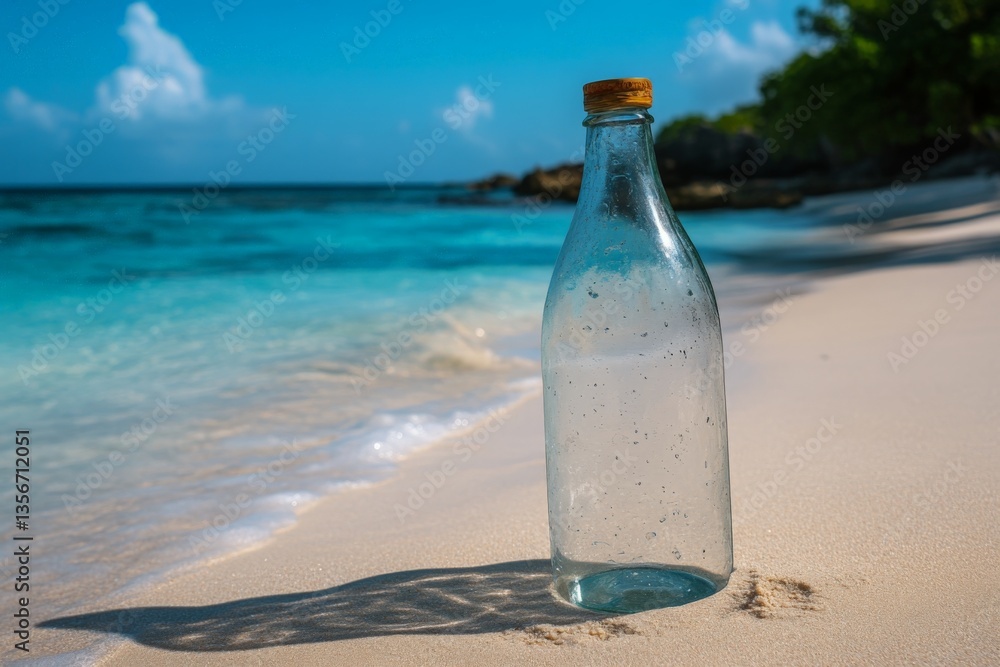 Glass bottle standing on sandy beach near clear blue water under sunny sky with clouds in the background Glass bottle standing on sandy beach near clear blue water under sunny sky with clouds in the background
