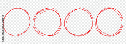 Hand drawn red circle line sketch set. Highlight circle frames. Ellipses in doodle style. For marking text, numbers, marker pen, pencil, logo, hand-drawn doodle grunge circle highlights. 