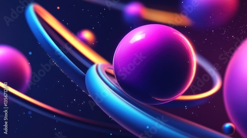 Abstract cosmic spheres orbiting in vibrant neon colors, digital art.