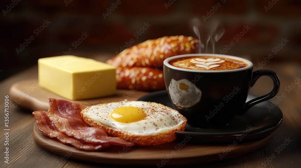 Steaming coffee, fried egg, bacon, and pastry on wooden board.