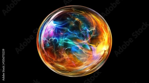 Colorful energy swirling inside a transparent sphere on black background.