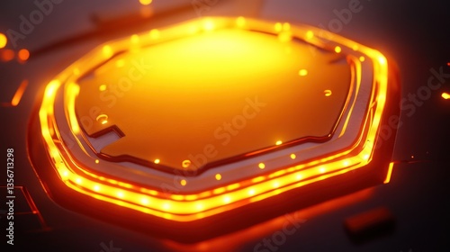 Glowing orange hexagonal tech circuit board.