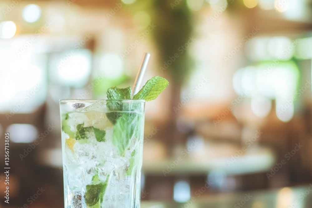 Refreshing drink garnished with mint leaves, served in clear gla Refreshing drink garnished with mint leaves, served in clear gla