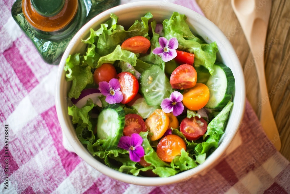 Fresh salad bowl with colorful vegetables and edible flowers on a checkered tablecloth during a sunny afternoon Fresh salad bowl with colorful vegetables and edible flowers on a checkered tablecloth during a sunny afternoon