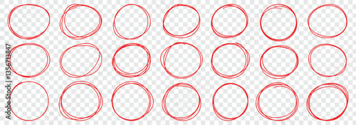 Red circle, pen draw. Highlight hand drawing different circles isolated on background. Bright red scribble ovals and bubbles to circle and highlight text. Hand drawn marker stroke style for marking