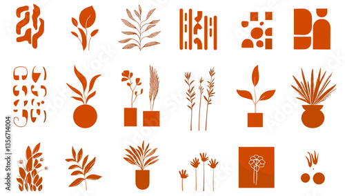 Floral Arrangement Illustration: A collection of stylized, terracotta-colored floral arrangements and botanical illustrations.