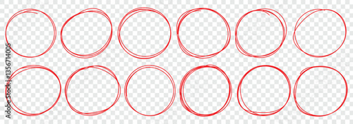 Set of hand drawn doodle red marker round frames. Red pen drawn marks, red circle set, highlight circle. Hand drawn marker doodle line stroke. Handwritten highlight red scribble circle.