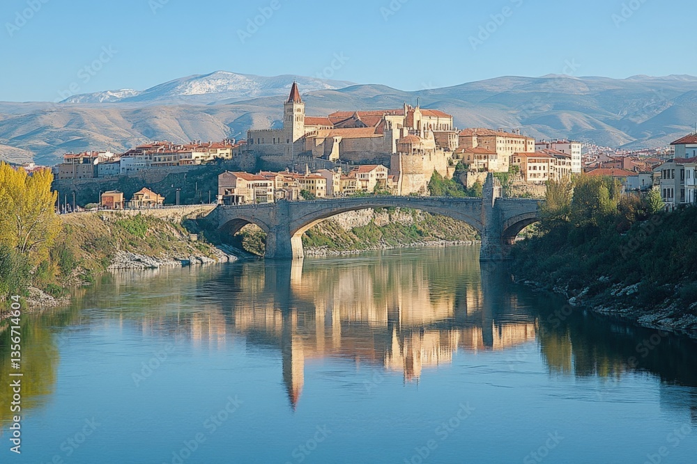 Fototapeta premium Scenic view of medieval castle across a river with reflections during clear sunny day in a mountainous region