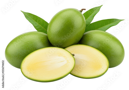 Wallpaper Mural A bunch of green mangoes, mango slices and fresh green leaves isolated on transparent background Torontodigital.ca