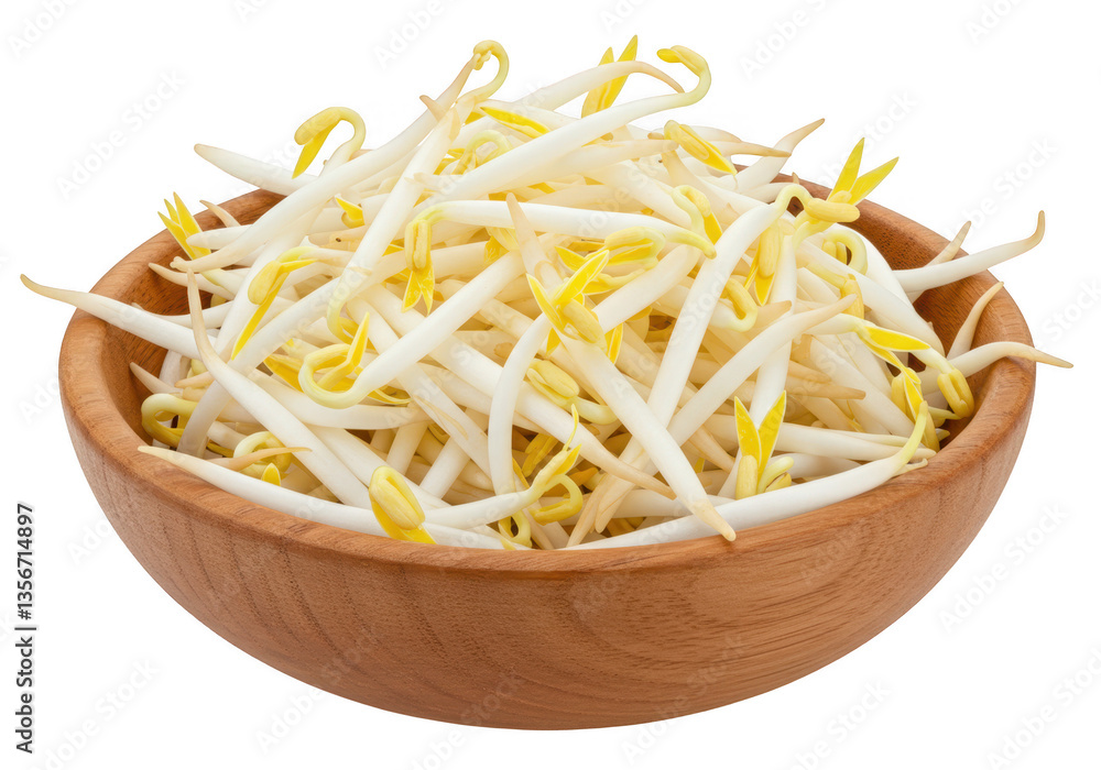 A wooden bowl overflowing with fresh white bean sprouts with yellow tips isolated on transparent background A wooden bowl overflowing with fresh white bean sprouts with yellow tips isolated on transparent background