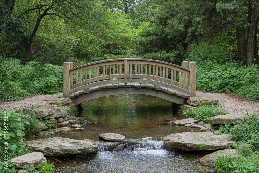 Wooden bridge arches over tranquil stream in a lush green park during springtime Wooden bridge arches over tranquil stream in a lush green park during springtime
