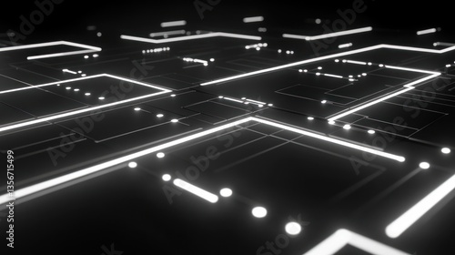 Abstract glowing circuit board pattern on dark background.
