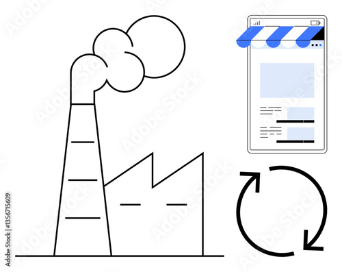 Factory with smokestack emitting smoke, e-commerce webpage, and circular recycling arrow. Ideal for sustainability, production, industry, e-commerce, process optimization, eco-business innovation