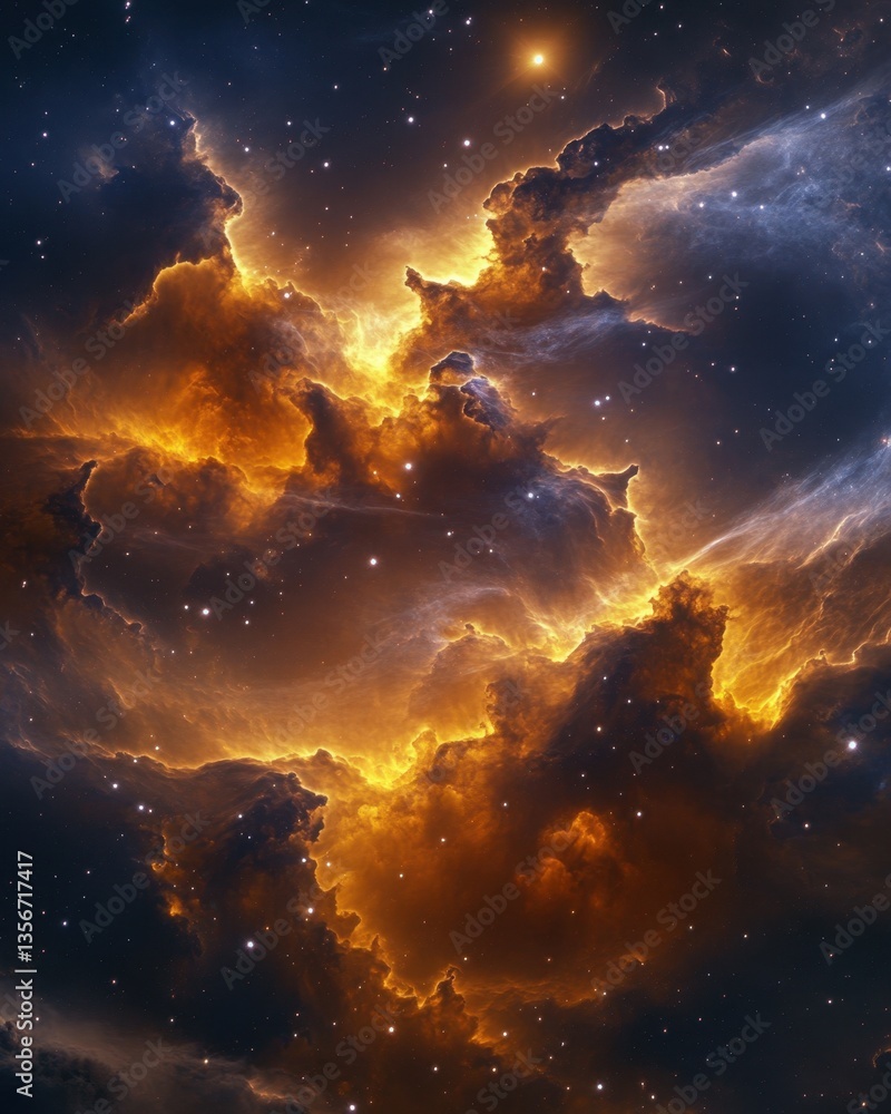 Fototapeta premium Ethereal nebula with golden light and cosmic dust creating a celestial spectacle of space exploration and interstellar travel