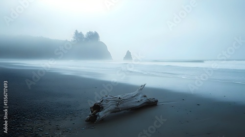 Low-angle view of misty beach footprints disappearing into morning fog at sunrise (Dreamy Seascape)