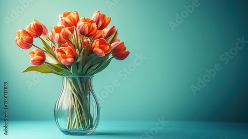 Wallpaper Mural Elegant still life featuring vibrant orange tulips in a transparent glass vase against a serene turquoise background soft lighting Torontodigital.ca