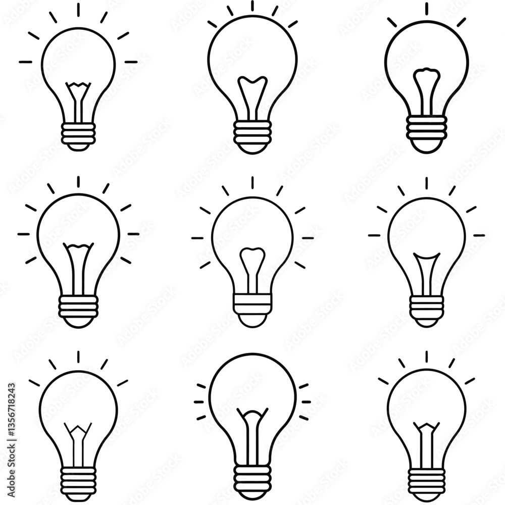 Nine Simple Line Art Lightbulb Icons Nine Simple Line Art Lightbulb Icons
