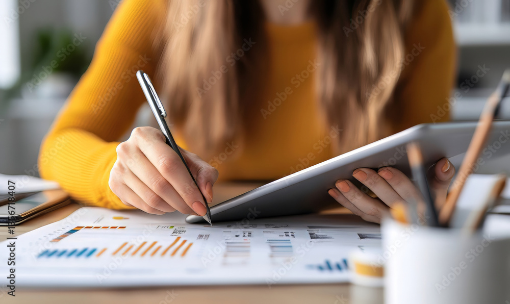 Woman using a tablet and stylus for financial data visualization Woman using a tablet and stylus for financial data visualization