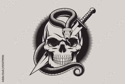 skull snake  Black and White Vector
