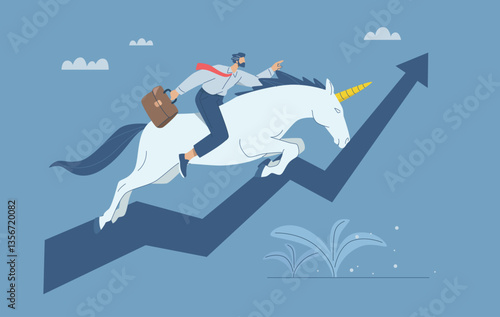 Businessman riding unicorn jumping high with business arrow growing, Business startup concept, Unicorn startup symbol, Symbol of success, Flat vector design illustration.