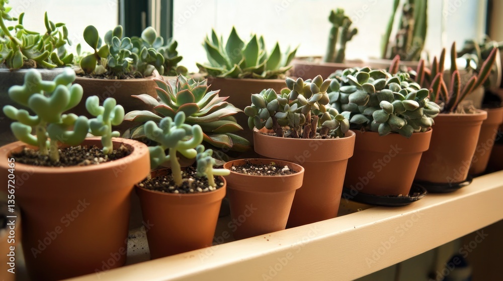 Fototapeta premium Lush collection of succulents in terracotta pots, showcasing vib