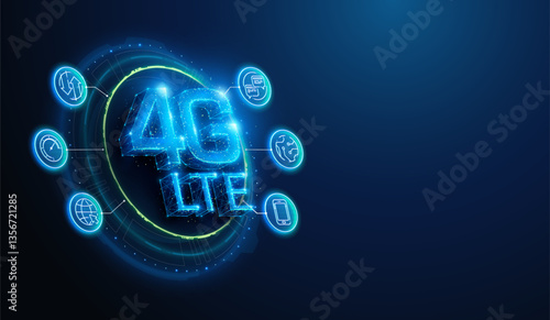 Lowpoly 4G LTE Communication Network With Lineart Icons. Abstract geometric illustration on fourth generation wireless mobile network connection technology concept by wireframe mesh on blue background