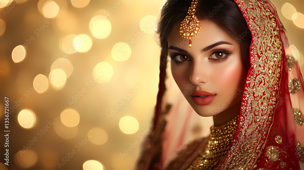 Enchanting Bride: An alluring Indian bride, adorned in exquisite traditional attire, gazes serenely at the viewer amidst a soft, blurred bokeh of warm light, embodying grace, beauty. Enchanting Bride: An alluring Indian bride, adorned in exquisite traditional attire, gazes serenely at the viewer amidst a soft, blurred bokeh of warm light, embodying grace, beauty.