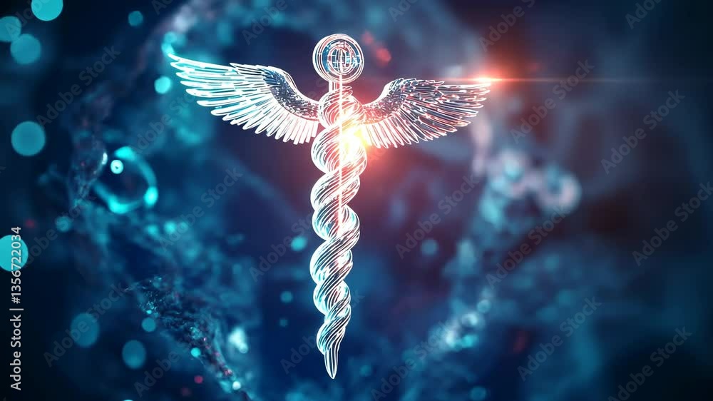 Futuristic 3D illustration of a caduceus medical symbol, set against an abstract medical background with intricate patterns and soft glowing effects.