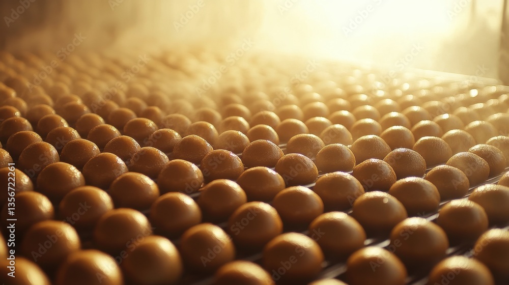 Fototapeta premium Rows of Fresh Brown Eggs on a Production Conveyor under Warm Light