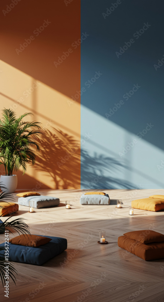Fototapeta premium Tranquil meditation space with colorful cushions and plants