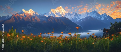 Warm morning light creeping down snow-capped mountain peaks with cloud inversion (Golden Summit)