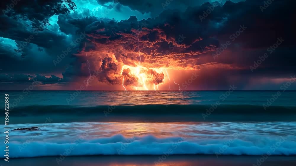 Fiery Sunset Storm Over Ocean Beach