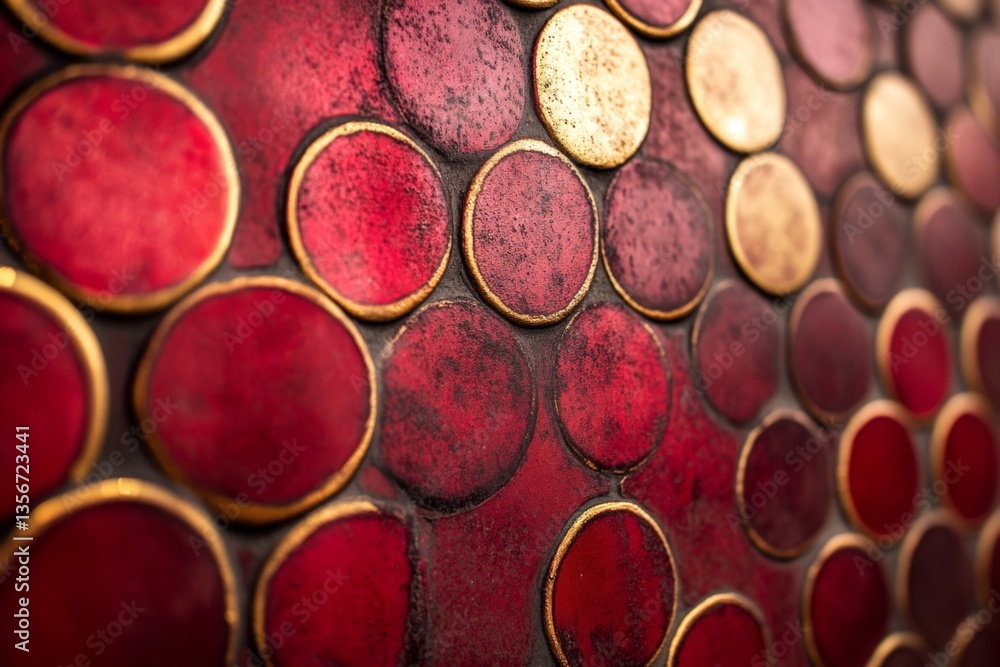 Bright red and golden circular decor creates a stunning wall display in an artistic setting Bright red and golden circular decor creates a stunning wall display in an artistic setting