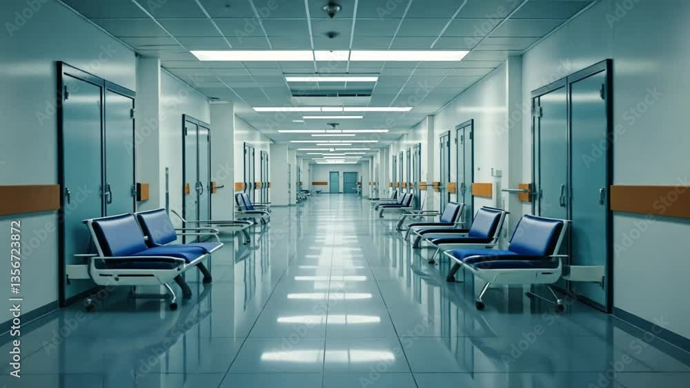 Long, empty hospital corridor with rows of chairs and closed doors Long, empty hospital corridor with rows of chairs and closed doors