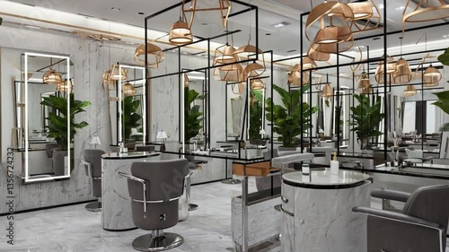 Modern hair salon interior with styling stations, mirrors, chairs, and decorative plants