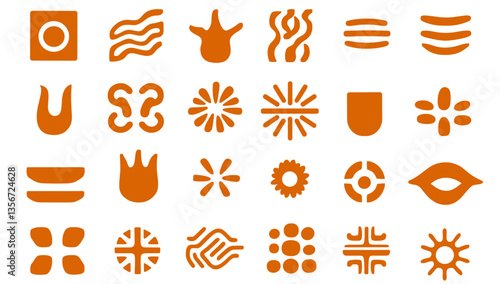 Creative Icon Assortment: A diverse collection of orange-colored icons and graphic elements offers a wealth of visual possibilities for design projects.