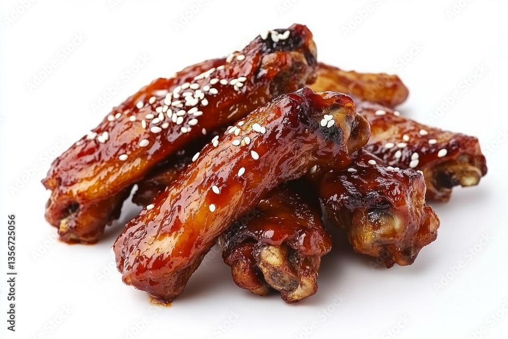Glazed chicken wings with sesame and rosemary on white background. Neural network AI generated Glazed chicken wings with sesame and rosemary on white background. Neural network AI generated